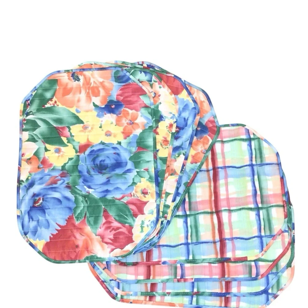 Vintage 80s Reversible Floral Plaid Placemats Set of 8 Quilted Cottagecore